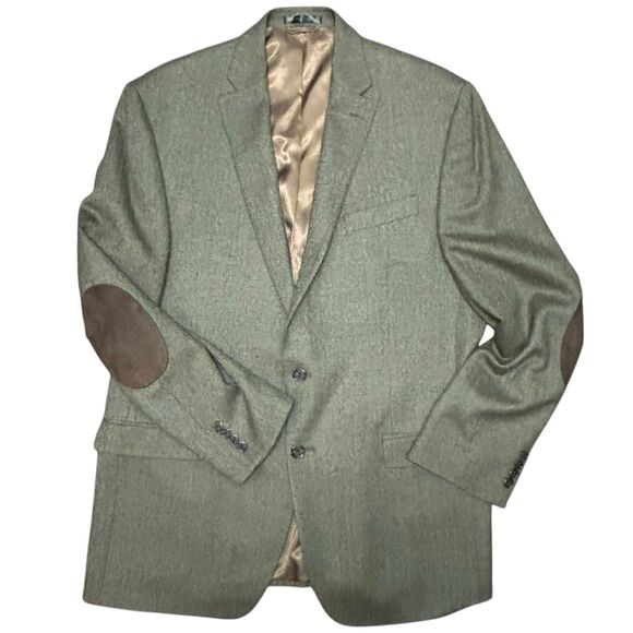 Lauren Ralph Lauren Men’s Wool Blazer Size 44L Elbow Patches Green Herringbone - Picture 2 of 15